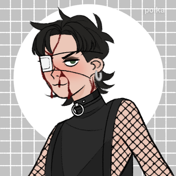 Profile image of Yves, in a cartoon style. Yves has olive skin and a black mullet, bears a mischievous expression. He is wearing bloody bandages on his face, and is dressed in a goth style.